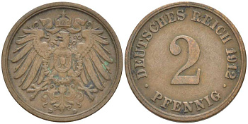 Германия 2 пфеннига 1912 D KM 16, J. 11, Weege 4 медь 212-357