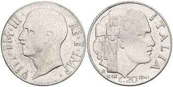 ИТАЛИЯ 20 ЧЕНТЕЗИМО 1941 R, ГОД XIX, ВИКТОР ЭММАНУИЛ III (1900-1946) KM 75b, VEM3. 1028 нержавеющая сталь 3853-613