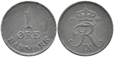Дания 1 эре 1968 С; S, Фредерик IX (1947-1972) KM 839.2 цинк UNC 100-665