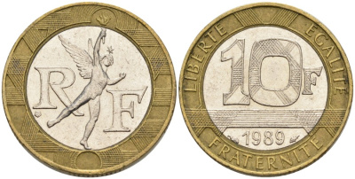 Франция 10 франков 1989 тип гений Бастилии KM 964.1, Le Franc 375.3 биметалл  4573-1021