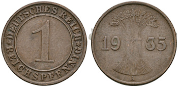 Германия 1 рейхспфенниг 1935 A KM 37, J. 313 бронза 4528-422
