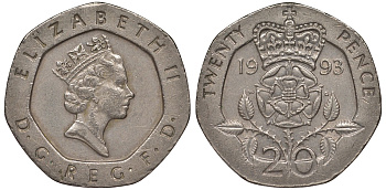 Великобритания 20 пенсов 1993 Елизавета II (1952-2022) KM 939, Spink 4361 (G2) медно-никель 4122-1124
