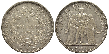 Франция 5 франков 1876 А, Геракл с богинями равенства и братства KM 820.1 серебро 1521-535