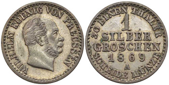 Пруссия 1 серебряный грош 1869 A, Вильгельм I (1861-1888) KM 485, Olding 415, AKS 103, J.89 серебро 201-645