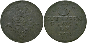 Саксен-Веймар-Эйзенах 3 пфеннига 1760 FS, Анна Амалия Брауншвейгская (1758-1775) KM 34, Koppe 593, Slg. Merseburger 3999 медь 65-555