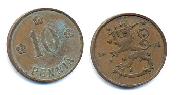 Финляндия 10 пенни 1931 республика (1918-1962) KM 24 медь 51-5334