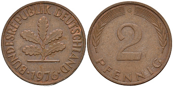 ФРГ 2 пфеннига 1976 G J.381a, KM 106a сталь плакированная медью    4598-831