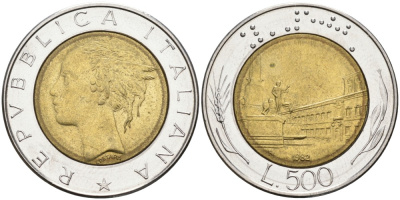 Италия 500 лир 1982 R, Квиринальский дворец в Риме KM 111 биметалл UNC 76-647