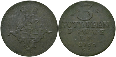 Саксен-Веймар-Эйзенах 3 пфеннига 1760 FS, Анна Амалия Брауншвейгская (1758-1775) KM 34, Koppe 593, Slg. Merseburger 3999 медь 65-555
