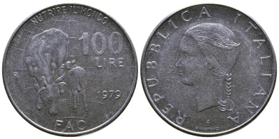 Италия 100 лир 1979 R, FAO, корова с теленком KM 106 нержавеющая сталь 4383-746