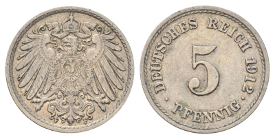 Германия 5 пфеннигов 1912 F KM 11, J. 12 медно-никель 4701-1054