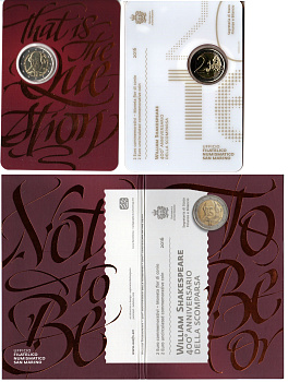Сан-Марино 2 евро 2016 400 лет со дня смерти Уильяма Шекспира, в оригинальном буклете KM 547 биметалл UNC 8-2-01-17