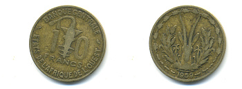 ЗАПАДНАЯ АФРИКА 10 ФРАНКОВ 1959 KM 1 алюминиевая бронза 86-1637