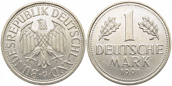 ФРГ 1 МАРКА 1991 G J.385, KM 110 медно-никель 3856-241