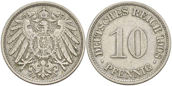 Германия 10 пфеннигов 1908 F KM 12, Jager 13, Weege 8 медно-никель 219-143