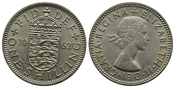 Великобритания 1 шиллинг 1962 Елизавета II (1952-2022), Английский герб KM 904, Spink 4147 медно-никель 4384-442