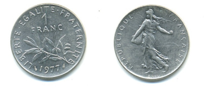 ФРАНЦИЯ 1 ФРАНК 1977 СЕЯТЕЛЬ KM 925.1, LE FRANC 226.22 никель 57-312