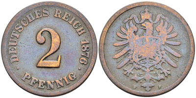 ГЕРМАНИЯ 2 ПФЕННИГА 1876 F, СТАРОГЕРБОВКА KM 2, Jager 2, Weege 3 медь 4546-612