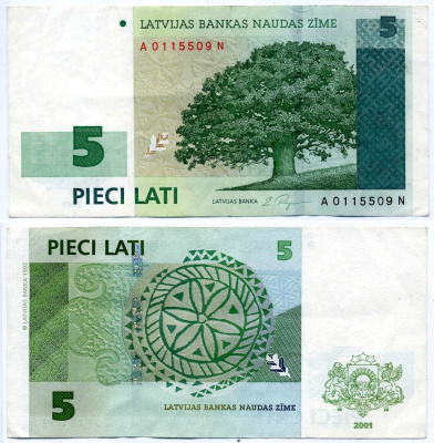 Латвия 5 латов 2001 дерево Pick 49 b, Сергеев 17 бумага 2197-4-1-1