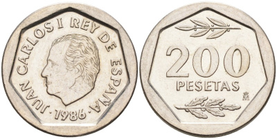 Испания 200 песет 1986 Хуан Карлос I KM 829 медно-никель 4582-647