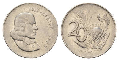 ЮАР 20 центов 1965 Ян ван Рибек (1619-1677), Suid Africa, легенда на африкаанс, цветок протея KM 69.2 никель 4693-653