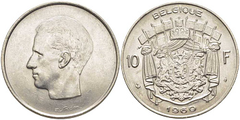 Бельгия 10 франков 1969 Belgique, Бодуэн I (1951-1993) KM 155.1 никель 115-713