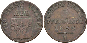ПРУССИЯ 3 ПФЕННИГА 1853 А, ФРИДРИХ ВИЛЬГЕЛЬМ (1840-1861) KM 453 медь 117-213