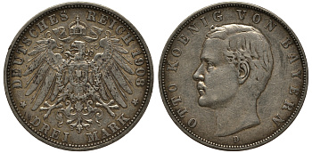 Бавария 3 марки 1908 Отто (1886-1913) Weege 45, J. 47, KM 515 серебро 3711-1841