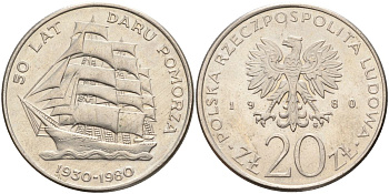 Польша 20 злотых 1980 MW, 50 лет фрегату «Дары Поморца» KM 112, Parchimowicz 253 медно-никель 4517-824