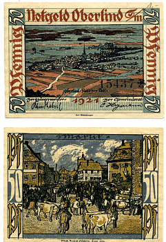 Оберлинд 50 пфеннигов 1921 нотгельд (номер 3 Markt), земля Тюрингия Grabowski 999.1а бумага 2195-25-1-1