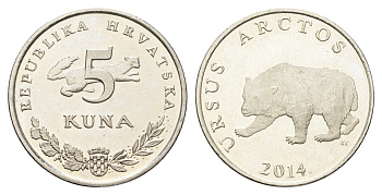 Хорватия 5 кун 2014 бурый медведь, четный год KM 23 медь цинк никель UNC 4660-431