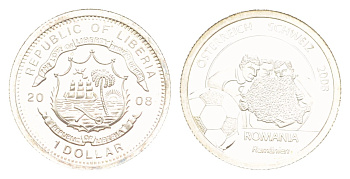Либерия 1 доллар 2008 Чемпионат Европы по футболу 2008 года. Сборная Румынии, тираж 1.000 экземпляров, вес 1,2 гр серебро PROOF 1521-431