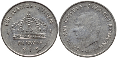 Швеция 1 крона 2002 Карл XVI Густав (1973- ) KM 894 медно-никель 4110-732