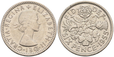 Великобритания 6 пенсов 1955 Елизавета II (1952-2022) KM 903, Spink 4149 медно-никель 4588-1234