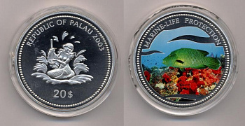 Палау 20 долларов 2003 русалка с лютней, зеленая рыба, цветная эмаль, 155 г., 5 унций серебро PROOF 01-169-21-1