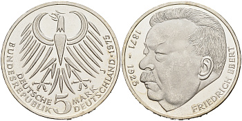 ФРГ 5 марок 1975 J, 50 лет со дня смерти Фридриха Эберта J. 416, KM 141 серебро UNC 88-121