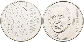 Франция 5 франков 1992 Пьер Мендес-Франс KM 1006, LE FRANC 343.2 никель 215-614