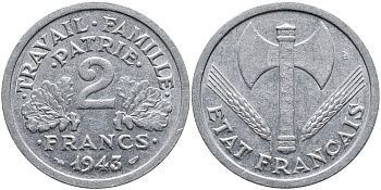 Франция 2 франка 1943 правительство Виши KM 904.1 алюминий 4388-843