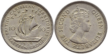 Британские Восточно-Карибские территории 10 центов 1959 Елизавета II (1952-2022), парусник KM 5 медно-никель 4387-837