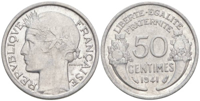 ФРАНЦИЯ 50 САНТИМОВ 1941 ТИП MORLON LOURDE KM 894.1a, LE FRANC 193.2 алюминий 44-265