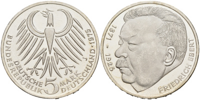 ФРГ 5 марок 1975 J, 50 лет со дня смерти Фридриха Эберта J. 416, KM 141 серебро UNC 88-121