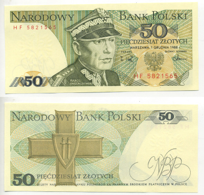 Польша 50 злотых 1988 Кароль Сверчевский, знак Грюнвальдского ордена Pick 142 c бумага UNC (пресс) 6300-12-3-2