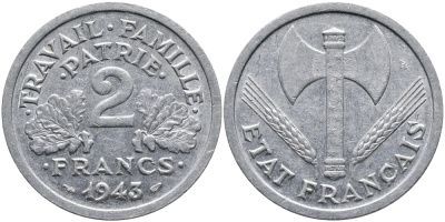 Франция 2 франка 1943 правительство Виши KM 904.1 алюминий 4388-843