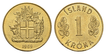 Исландия 1 крона 1969 KM 12a никель латунь UNC 4691-444