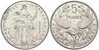 Французская Новая Каледония 5 франков 2014 птица кагу, (IEOM) KM 16, Schoen 12, Lec 81k алюминий 4117-321