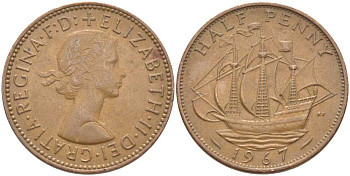 Великобритания 1/2 пенни 1967 Елизавета II (1952-2022) KM 896, Spink 4158 бронза 113-254