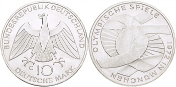 ФРГ 10 МАРОК 1972 G, ОЛИМПИАДА, СИМВОЛИКА KM 131, J.402 серебро UNC 4127-115