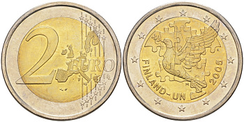 Финляндия 2 евро 2005 60 лет ООН, 50 лет членству Финляндии в ООН, голубь мира KM 119 биметалл UNC 93-931