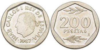 ИСПАНИЯ 200 ПЕСЕТ 1987 ХУАН КАРЛОС I (1975-) KM 829 медно-никель 210-915