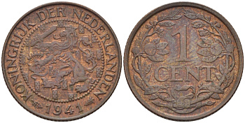 НИДЕРЛАНДЫ 1 ЦЕНТ 1941 ВИЛЬГЕЛЬМИНА (1890-1948) KM 152 бронза 39-113